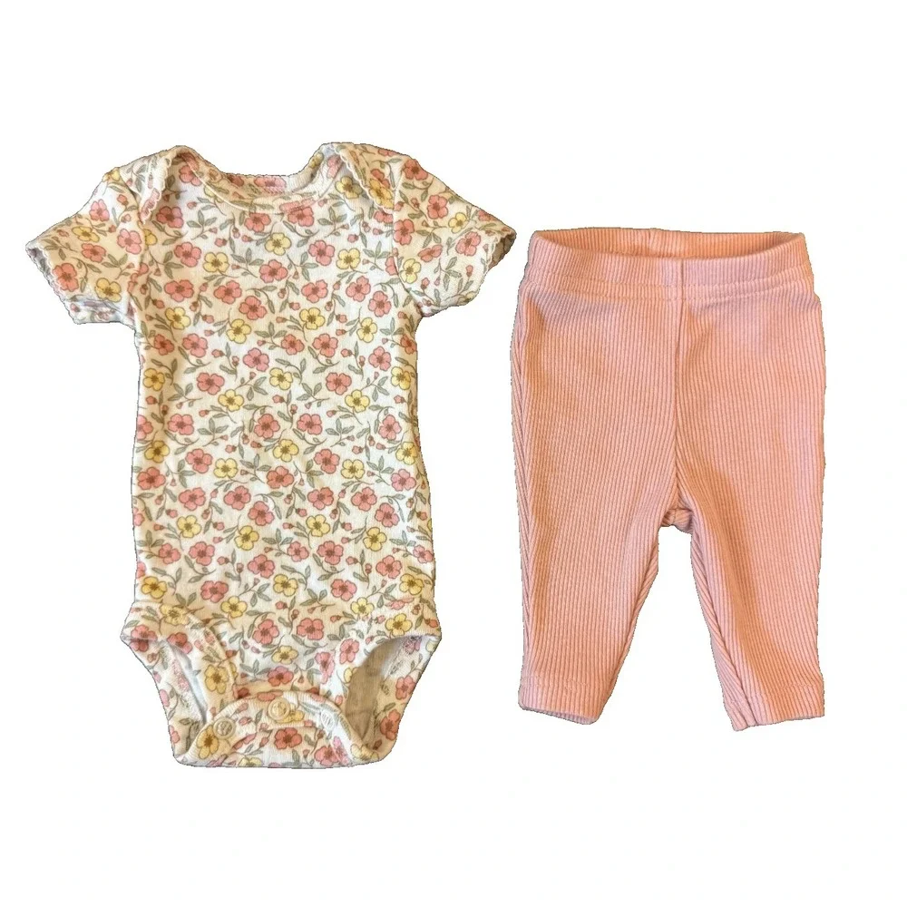 Carters Baby Outfit Girl Preemie Floral Short Sleeved Bodysuit Pink Ribbed Pants